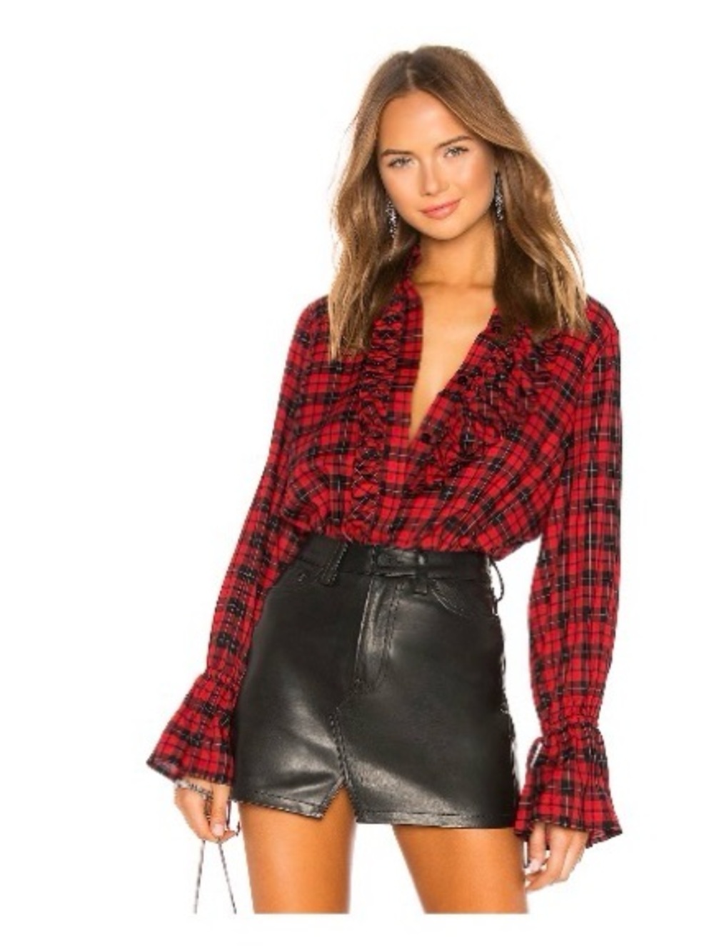 Divine Heritage Red & Black Plaid Ruffle Button-Up Blouse